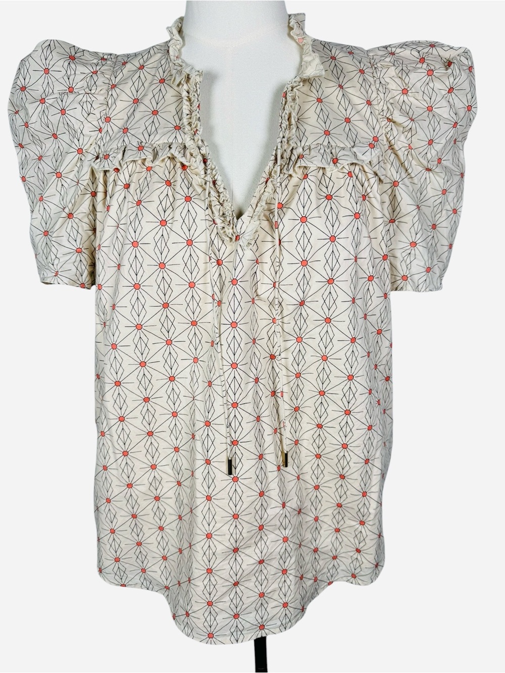 ANNA CATE Women’s Puff Sleeve Geometric Print cotton V Neck Top Size M